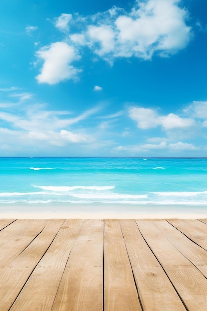 a wooden floor with a sky and a beach in the background