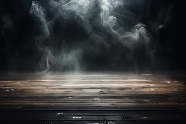 Wooden floor with smoke and fog Dark background Selective focus