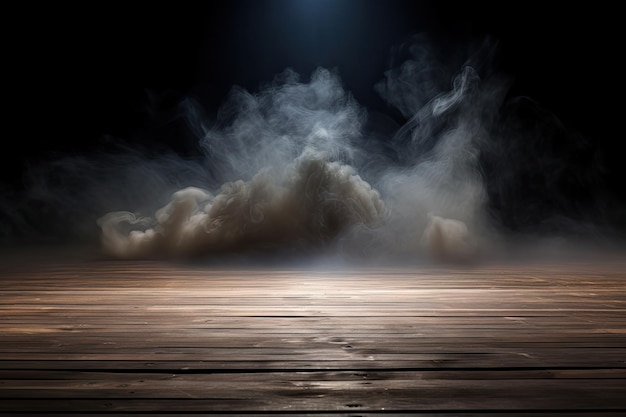 Wooden floor with smoke and fog at night 3d rendering