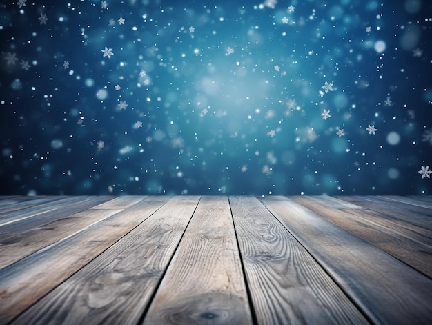 A wooden floor with snow falling on it