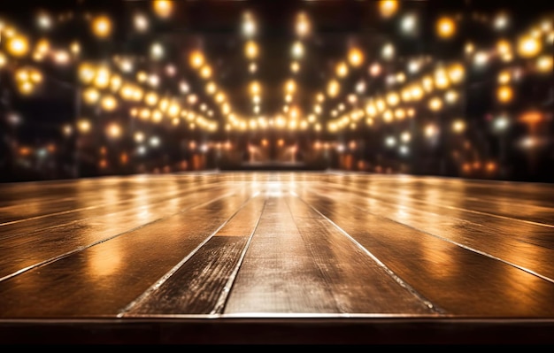 Деревянный пол с прожекторами на сцене на фоне театра Фото высокого качества