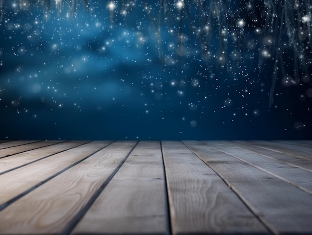 A wooden floor with stars and a blue sky