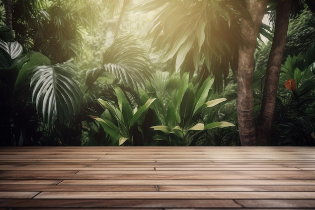 Wooden floor with tropical background Illustration AI GenerativexA
