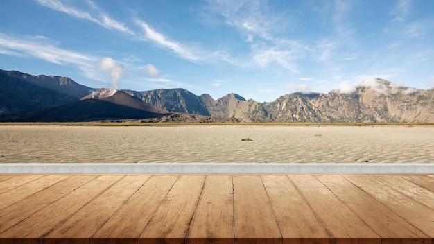 Wooden floor with views of mountains