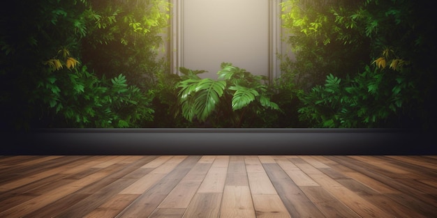 A wooden floor with a window and a plant with the words " green " on it.