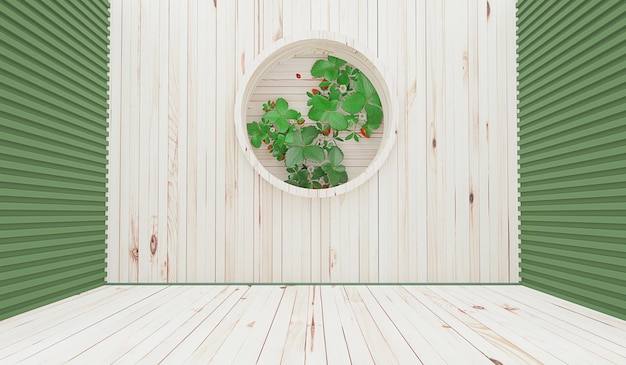 Деревянный пол, деревянная стена, фон, пустая сцена, комната и настенное растение, 3D иллюстрация
