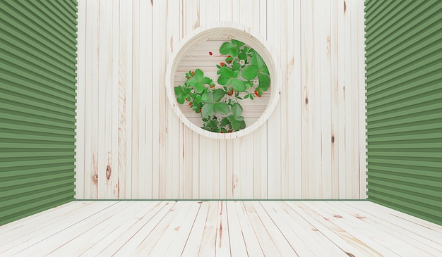 Wooden floor wooden wall background empty scene room and wall plant 3D illustration