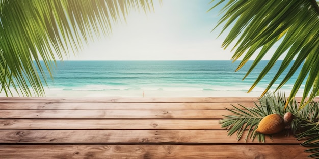 Wooden floors sea backdrop wooden table Bright holiday concept Vacation concept Beautiful natural landscape Realistic tropical illustration Construction decoration concept Retro style