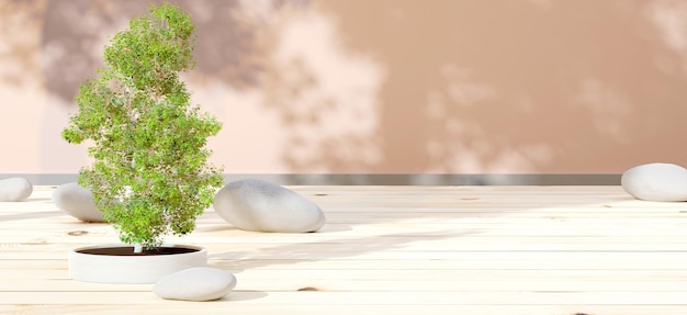 Wooden floors and walls Japanese style interior scene decorated with stones and trees minimalist