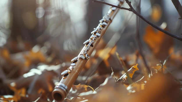 Photo a wooden flute lies on a bed of fallen leaves in a forest the sunlight shines through the trees creating a warm and peaceful atmosphere