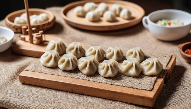 wooden food board with dumplings stands on burlap on the table selective focus