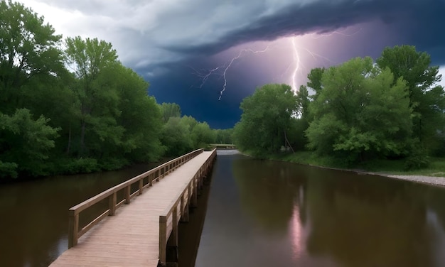 Photo wooden footbridge over a calm river with green trees on the sides under a stormy sky with visible li