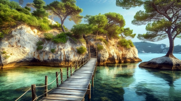 The wooden footbridge leading to the small island