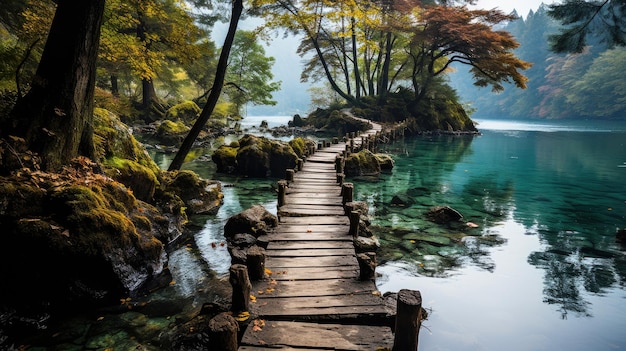 Wooden Footbridges Amidst Colorful Lakes