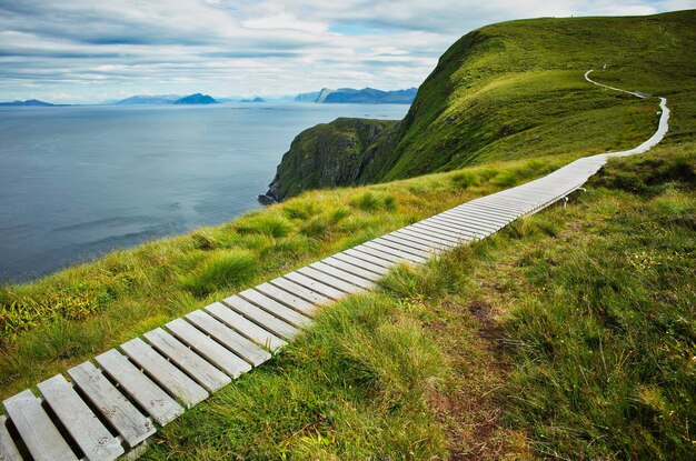 Photo wooden footpath on runde island cliffs