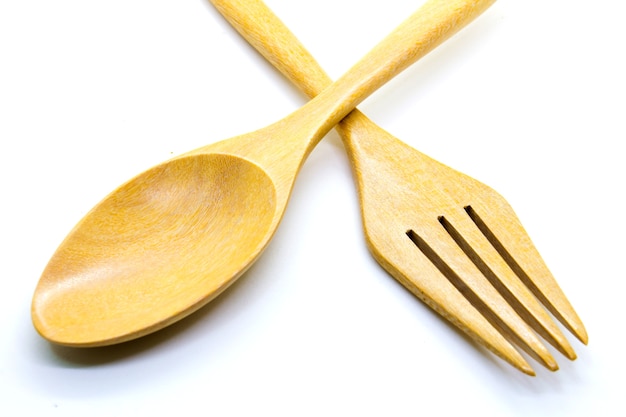 wooden fork and spoon isolated on white background