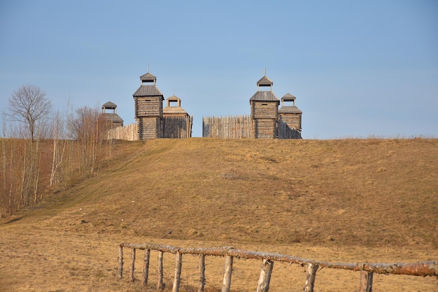 フィールドの木製の要塞フィールドの古いロシアの木造構造の村の塔