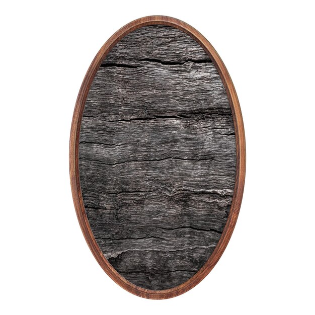 Photo wooden frame blank oval wooden frame with black old rough planks isolated on white background