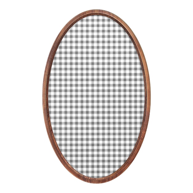 Wooden frame Blank vintage oval frame with gray checkered paper isolated on white background