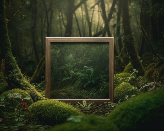 A wooden frame in a forest with moss and trees on the bottom