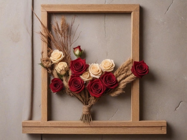 A wooden frame hanging on the wall with dried or artificial roses arranged within This adds a rustic and natural aesthetic to the background