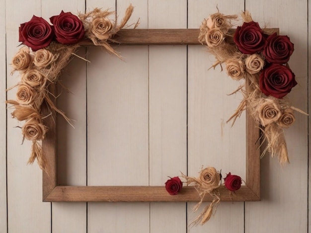 A wooden frame hanging on the wall with dried or artificial roses arranged within This adds a rustic and natural aesthetic to the background