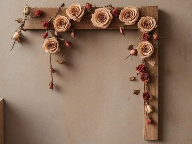 壁にぶら下がっている木製のフレームの中に乾燥したまたは人工のバラが配置されています.これは背景に田舎的で自然な美学を加えます.