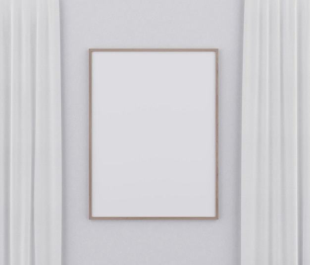 wooden frame mock up or blank close up on white wall and curtain background. frame mockup. 3d