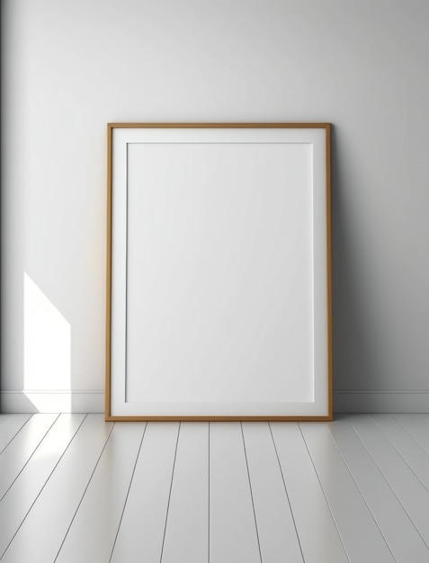 Wooden frame mockup for photo print artwork and presentation with white wooden floor Generative AI