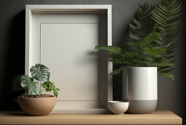 Wooden frame mockup with plant in vase on wall background generative Ai
