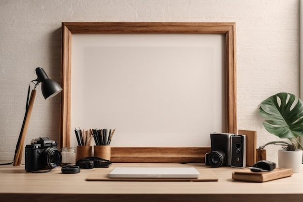 写真 ワークデスク バナー モックアップと白いテクスチャ壁の背景に木製フレーム