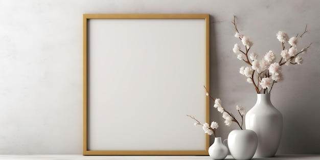 A wooden frame on a shelf with a vase of flowers on the shelf.