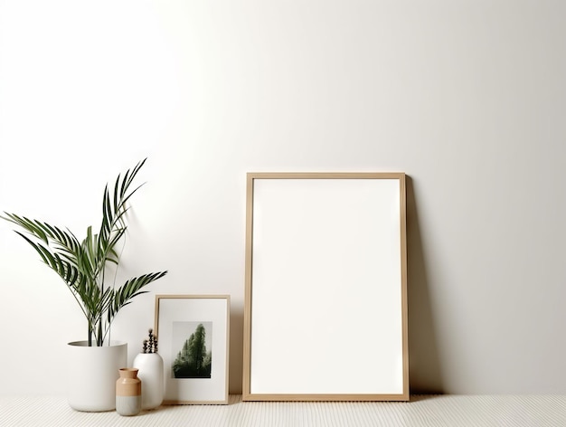 A wooden frame sits next to a plant and a plant.