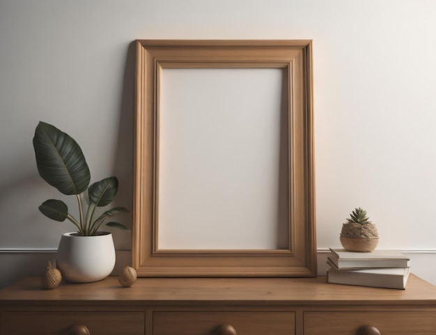 A wooden frame sits on a table next to a plant and a plant.