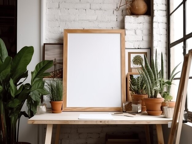 A wooden frame sits on a table next to a potted plants.