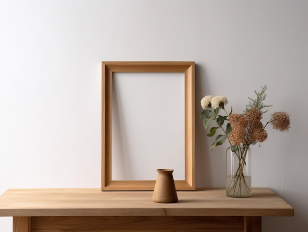 A wooden frame sits on a table next to a vase with flowers.