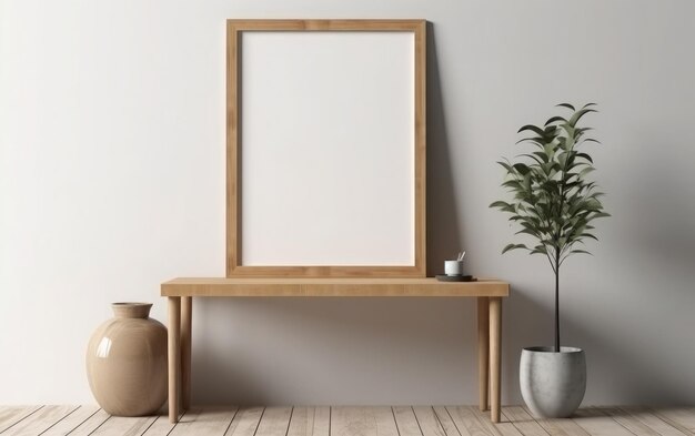 A wooden frame sits on a wooden table in a living room.