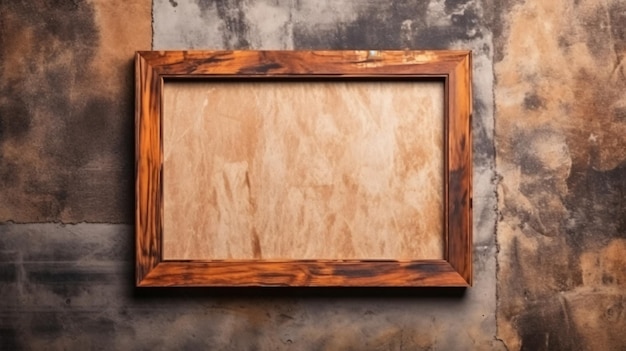 A wooden frame on a wall with a rough textured background.