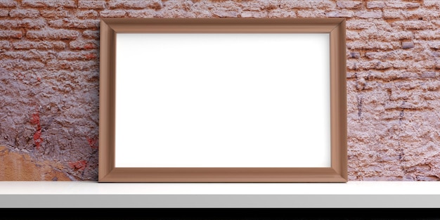 Wooden frame on a white shelf 3d illustration