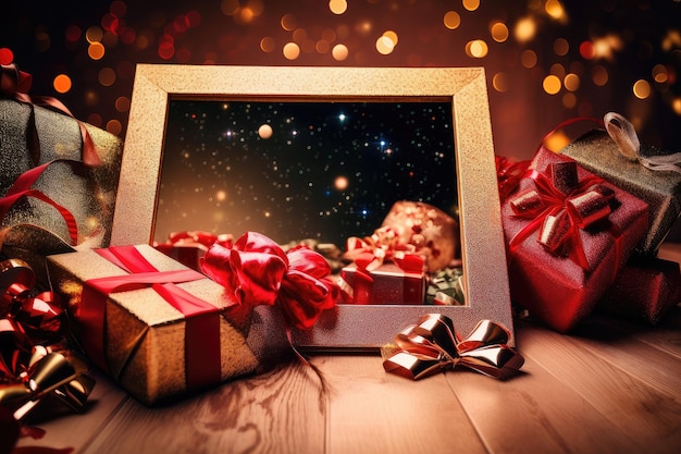 写真 プレゼントやストッキングのお祝いのシーンを包み込む、輝く赤いリボンが付いた木製フレーム