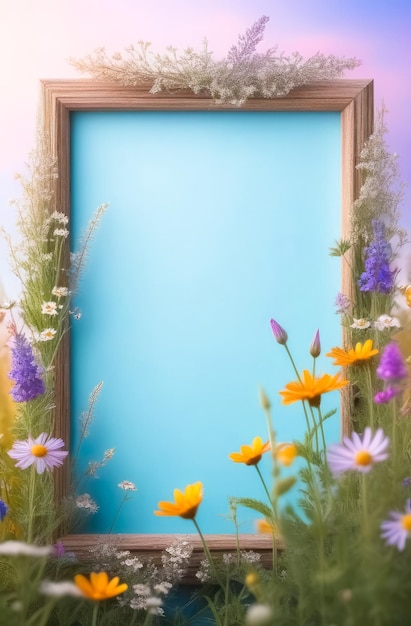A wooden frame with a blue background in the center surrounded by a variety of flowers