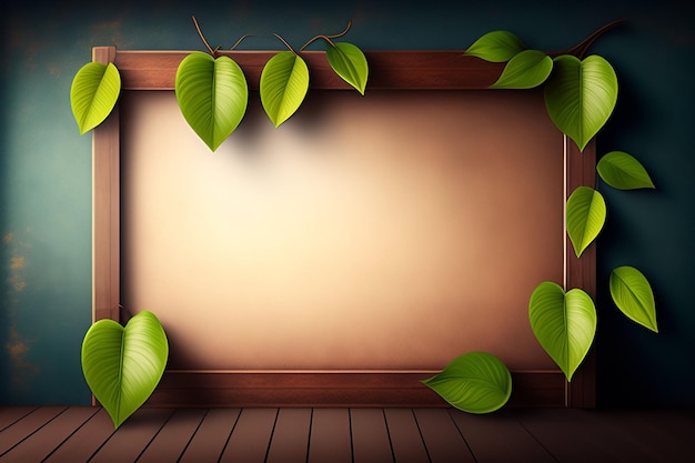 A wooden frame with green leaves on it