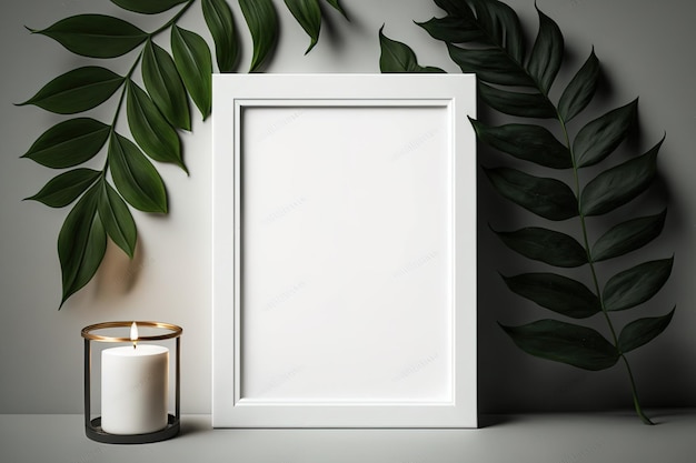 A wooden frame with green leaves and white candle on table