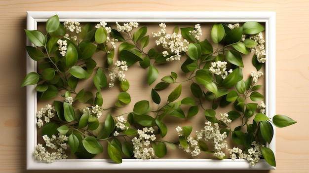 A wooden frame with green leaves and a white wooden frame