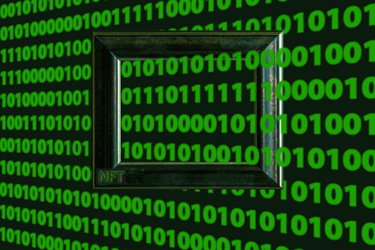 Photo wooden frame with green zero one digits as crypto art illustration concept of nft banner and nonfungible token