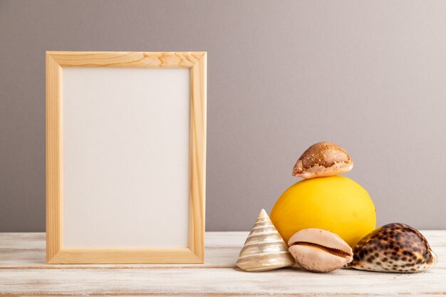 Wooden frame with melon, seashells on gray pastel background. Side view, copy space. Tropical