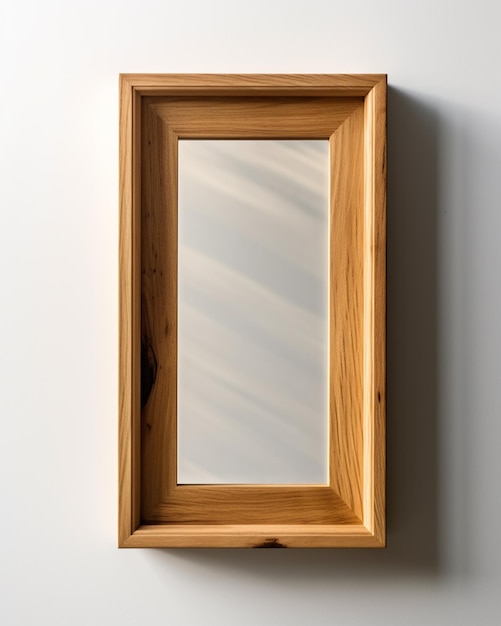 A wooden frame with a mirror on it against a white wall.