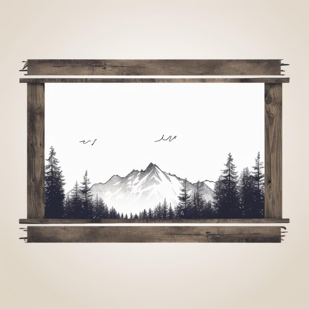 Foto cornice di legno con montagne e alberi sullo sfondo