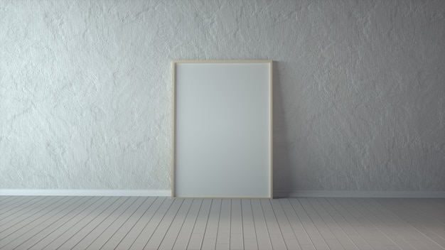 Wooden Frame with Poster Mockup standing on the white floor.