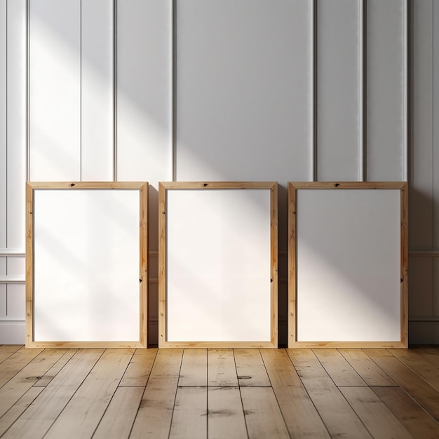 Foto una cornice di legno con una lavagna bianca sul muro e il sole che splende attraverso la finestra.